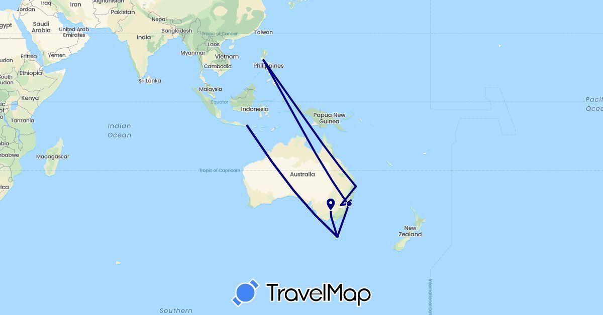 TravelMap itinerary: driving in Australia, Indonesia, Philippines (Asia, Oceania)